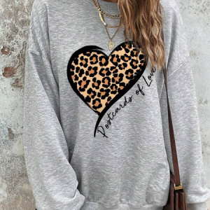 Loose Casual Crew Neck Leopard & Slogan Graphic Drop Shoulder Sweatshirt, Sweatshirts & Hoodies, color:Gray|size:XXL, JustFashionNow