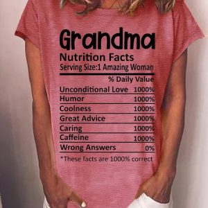 Women's Funny Grandma Nutrition Facts Serving Size 1 Amazing Woman Graphic Printing Casual Text Letters Cotton-Blend T-Shirt, color:Red|size:3XL, Lilicloth.com