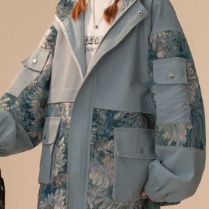 Hoodie Long Sleeve Floral Pocket Stitching Regular Loose Parker Jacket For Women, Jackets, color:Blue|size:3XL, Noracora