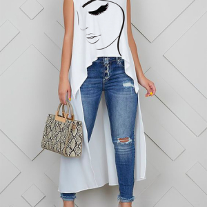 Plus Size Sleeveless Crew Neck Casual Face Loose Shirt, Plus Tops, color:White|size:4X, Stylewe