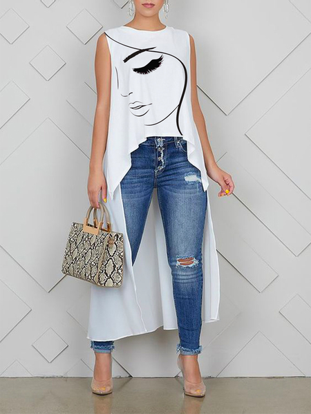Plus Size Sleeveless Crew Neck Casual Face Loose Shirt, Plus Tops, color:White|size:4X, Stylewe