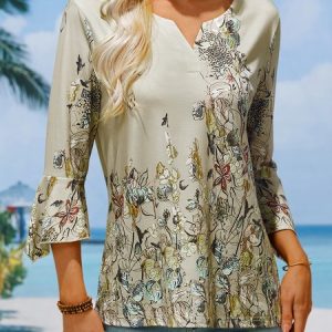 Floral Casual Loose T-Shirt, T-Shirts, color:Khaki|size:XXL, JustFashionNow