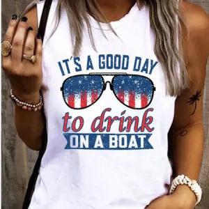 Women's It's A Good Day To Drink On A Boat American Flag Casual Regular Fit Crew Neck Tank Top, Tank Tops, Lilicloth.com
