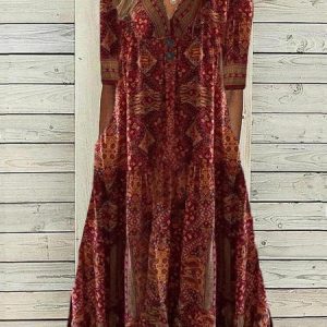 V Neck Ethnic Regular Fit Dress, Dresses, color:Red|size:XXL, JustFashionNow