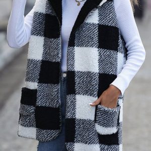 Casual Plaid Regular Fit Hoodie Vest, Vests & Gilets, color:Black|size:XL, JustFashionNow