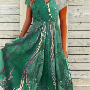 Abstract Printed Casual A-Line Dress, Midi, color:Green|size:XXL, catalog Noracora shop