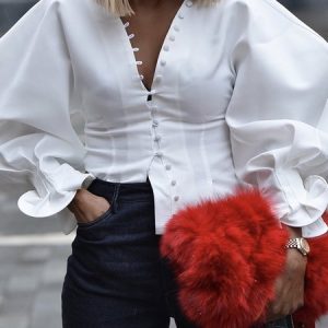 V Neck Tight Elegant Long Sleeve Plain Blouse, Blouses and Shirts, color:White|size:XXL, Stylewe