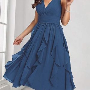 Women‘s Party Dress Cocktail Dress Swing Dress Midi Dress Dark Blue Sleeveless Pure Color Ruched Summer Spring V Neck Party Wedding Guest Vacation Summer Dress, Formal Dresses, color:Navyblue|size:XXL, JustFashionNow