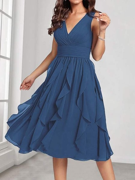 Women‘s Party Dress Cocktail Dress Swing Dress Midi Dress Dark Blue Sleeveless Pure Color Ruched Summer Spring V Neck Party Wedding Guest Vacation Summer Dress, Formal Dresses, color:Navyblue|size:XXL, JustFashionNow