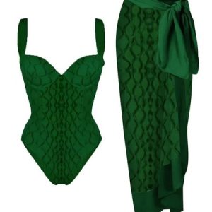 Vacation Geometric Printing Notched One Piece With Cover Up, One-Pieces, color:Green|size:XXL, Stylewe
