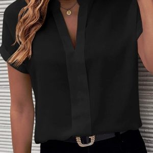 V Neck Plain Casual Loose Shirt, Shirts & Blouses, color:Black|size:XXL, JustFashionNow