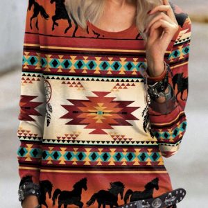 Ethnic Crew Neck Loose T-Shirt, T-Shirts, color:Multicolor|size:XXL, JustFashionNow
