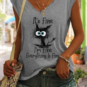 Funny I am Fine Letter Cotton Blends Casual Knit Tank, color:Gray|size:3XL, Lilicloth.com