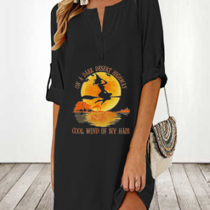 Women Halloween Half Open Collar Long Sleeve Comfy Casual Midi Dress, Midi, color:Black|size:XXL, Noracora