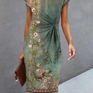 Regular Fit Floral Crew Neck Vintage Dress, Midi, color:Green|size:XXL, Noracora