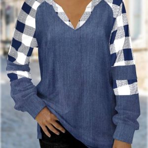 JFN V Neck Plaid Colorblock Casual Long Sleeve Sweatshirt, Sweatshirts & Hoodies, color:Blue|size:XXL, JustFashionNow