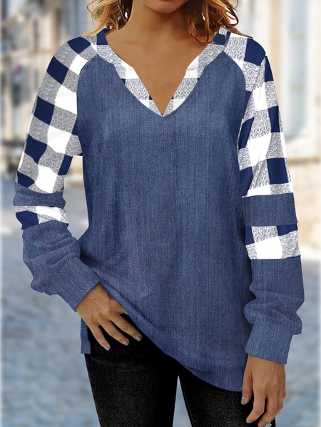 JFN V Neck Plaid Colorblock Casual Long Sleeve Sweatshirt, Sweatshirts & Hoodies, color:Blue|size:XXL, JustFashionNow