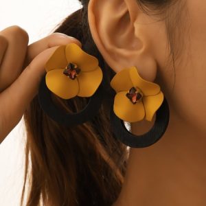 Elegant Floral Crystal Stud Earrings, Earrings, color:Yellow|size:One-size, JustFashionNow