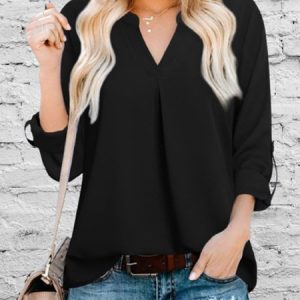 Woman Loose V-neck Fashion Urban Plain Shirt, Shirts & Blouses, color:Black|size:XXL, JustFashionNow