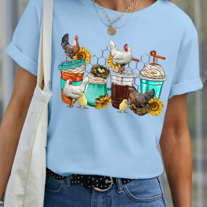 Women’s Animal Chicken Ice Coffee Cups Casual Crew Neck T-Shirt, color:Light Blue|size:3XL, Lilicloth.com