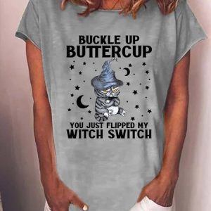 Women's Halloween Witch Black Cat Cotton-Blend T-shirt, color:Gray|size:3XL, Lilicloth.com