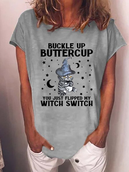 Women's Halloween Witch Black Cat Cotton-Blend T-shirt, T-shirts, Lilicloth.com