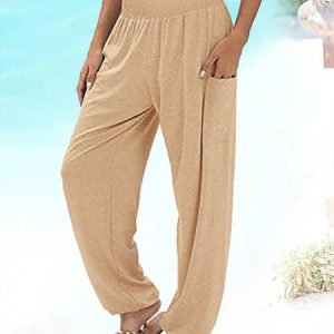 Women's Pockets Plain Casual Pants, color:Light Khaki|size:XXL, Lilicloth.com