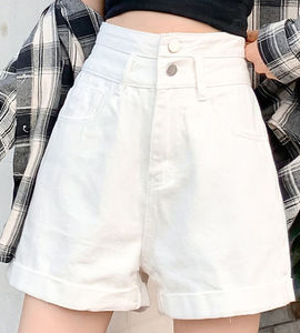 Plain Casual Buckle Pockets Denim Shorts, Denim Shorts, color:White|size:XXL, Noracora