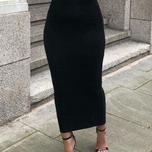 Elegant Slim Fit Solid Skirt, , color:Black|size:XL, Stylewe
