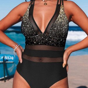 Sexy Abstract Printing Split Joint V Neck One-Piece Swimsuit, swimwear>>One-Pieces, color:Black|size:S, JustFashionNow