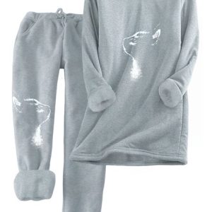 Casual Crew Neck Loose Cat Two-Piece Set, Suit Set, color:Gray|size:XXL, JustFashionNow