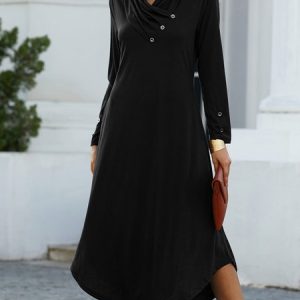 Plain Casual V Neck Dress, Dresses, color:Black|size:XXL, JustFashionNow