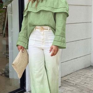Plain Loose Cold Shoulder Vacation Shirt, Blouses and Shirts, color:Green|size:XS, Stylewe