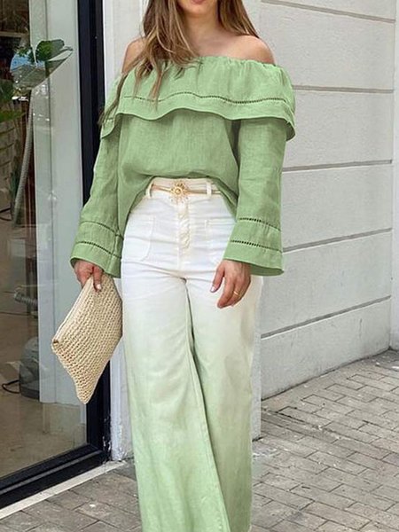Plain Loose Cold Shoulder Vacation Shirt, Blouses and Shirts, color:Green|size:XS, Stylewe