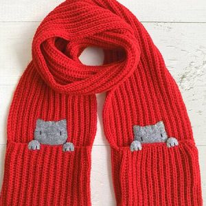Casual Red Wool Webbing Pocket Cat Pattern Long Scarf, Women Scarves & Shawls, color:Red|size:One-size, JustFashionNow