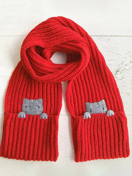 Casual Red Wool Webbing Pocket Cat Pattern Long Scarf, Women Scarves & Shawls, color:Red|size:One-size, JustFashionNow
