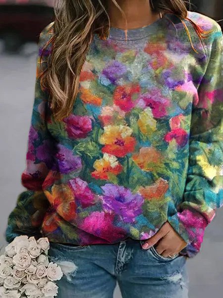 New Women Fashion Crew Neck Floral Printed Casual Sweatshirt & Hoodies, Sweatshirts & Hoodies, color:As Picture|size:XXL, JustFashionNow