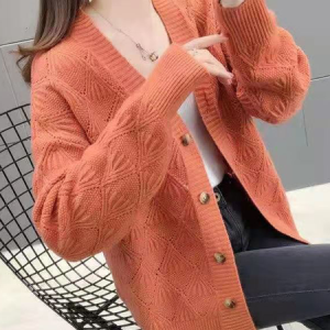 Women Wool/Knitting Plain Long Sleeve Comfy Casual Buckle Cardigan, Cardigans, color:Orange|size:4XL, Noracora