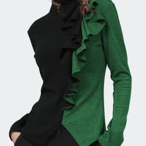 Elegant Color Block Long sleeve Regular Fit Blouse, Blouses and Shirts, color:Green|size:XXL, Stylewe