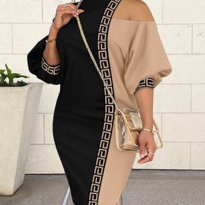 Stand Collar Color Block Urban Regular Fit Dress, Midi Dresses, color:Khaki|size:XXL, Stylewe