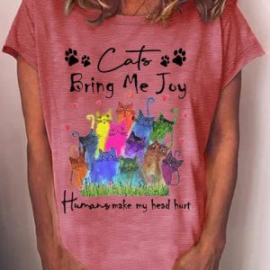 Women's Cats Bring Me Joy Humans Make My Head Hurt Casual Crew Neck T-Shirt, color:Red|size:3XL, Lilicloth.com