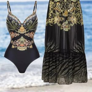 Ethnic Printing V Neck Vacation One Piece With Cover Up, Swimsuit with Cover Ups, color:Black|size:XXL, Noracora