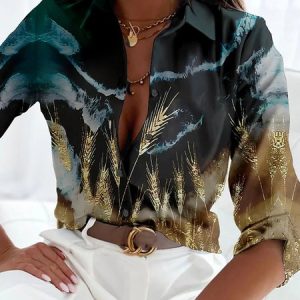 Shirt Collar Long Sleeve Geometric Regular Loose Blouse For Women, Shirts, color:darkgreen|size:5XL, Noracora