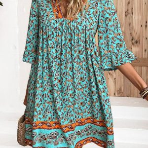 Floral Vacation V Neck Loose Dress, Floral Dresses, color:Green|size:XXL, JustFashionNow