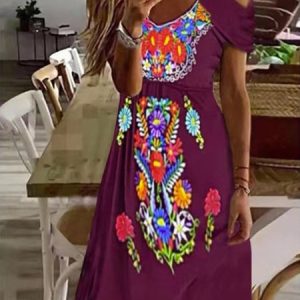 Casual Floral V Neck Regular Fit Dress With No, Dresses, color:Purple|size:XXL, JustFashionNow