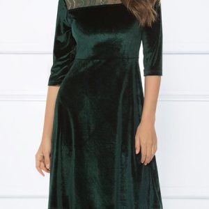 Women Plain Crew Neck Three Quarter Sleeve Comfy Party Lace Short Dress, Dresses, color:Army Green|size:XXL, Noracora