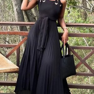 Regular Fit Halter Plain Vacation Dress, Maxi Dresses, color:Black|size:XXL, Stylewe