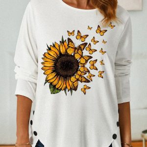 Women's Sunflower Butterfly Crew Neck Casual Long Sleeve Top, Long sleeves, Lilicloth.com