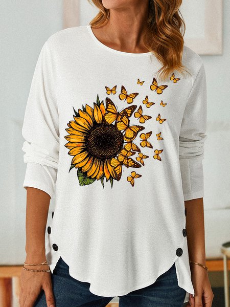 Women's Sunflower Butterfly Crew Neck Casual Long Sleeve Top, Long sleeves, Lilicloth.com