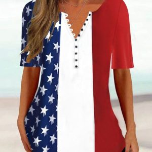 Casual V Neck Independence Day Shirt, Shirts & Blouses, color:Red|size:XXL, JustFashionNow
